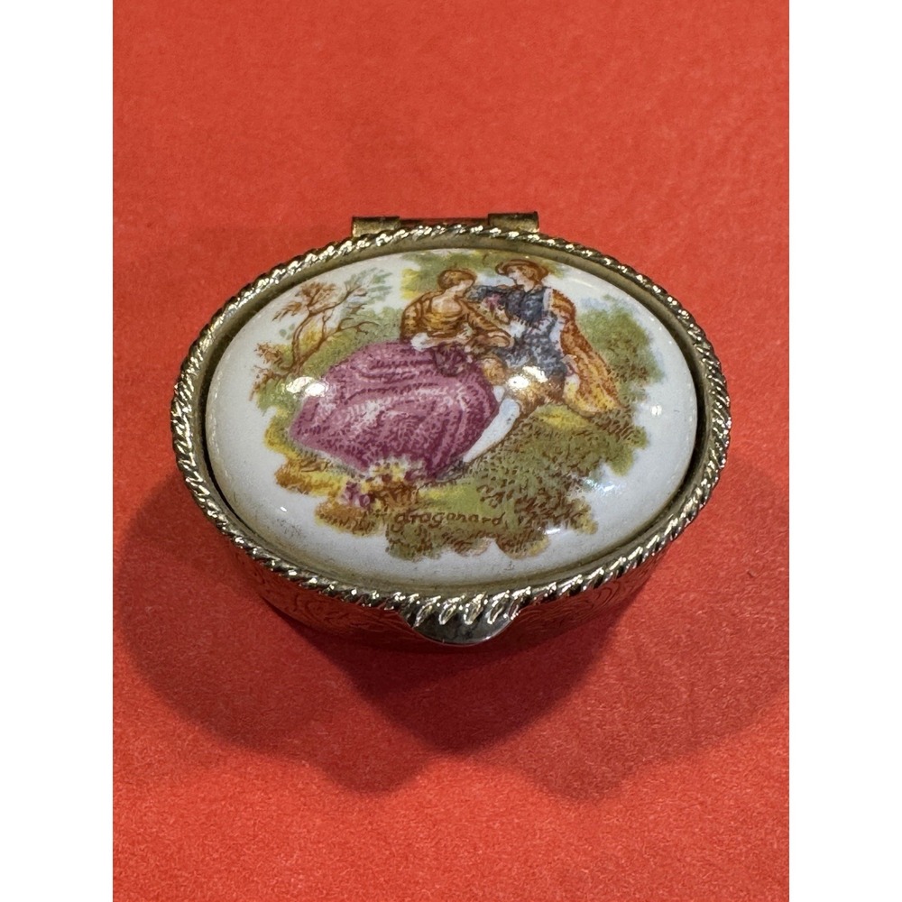 Vintage Fragonard Style Porcelain Trinket Box – Ornate Metal Lid